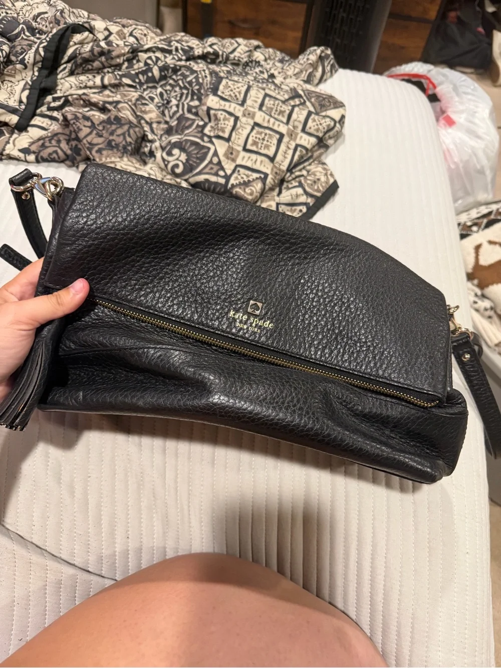 kate spade Black Pebbled Leather Fold-Over Crossbody with Gold Hardware